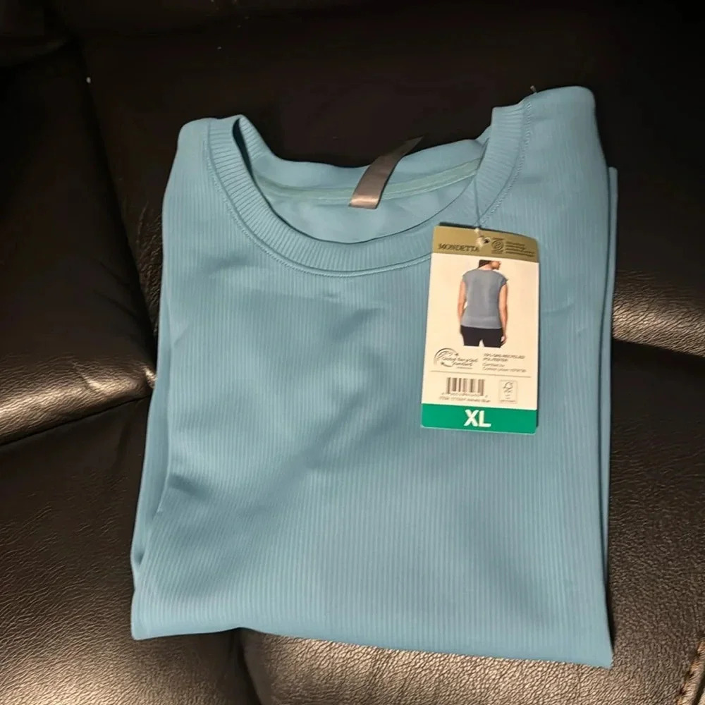Mondetta Ladies' Soft Ribbed Short Sleeve Active Top, Adriatic Blue X-Large NWOT